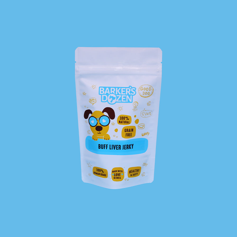 Buff liver Jerky for dogs. Low fat, high protein treats for dogs from Barker's Dozen