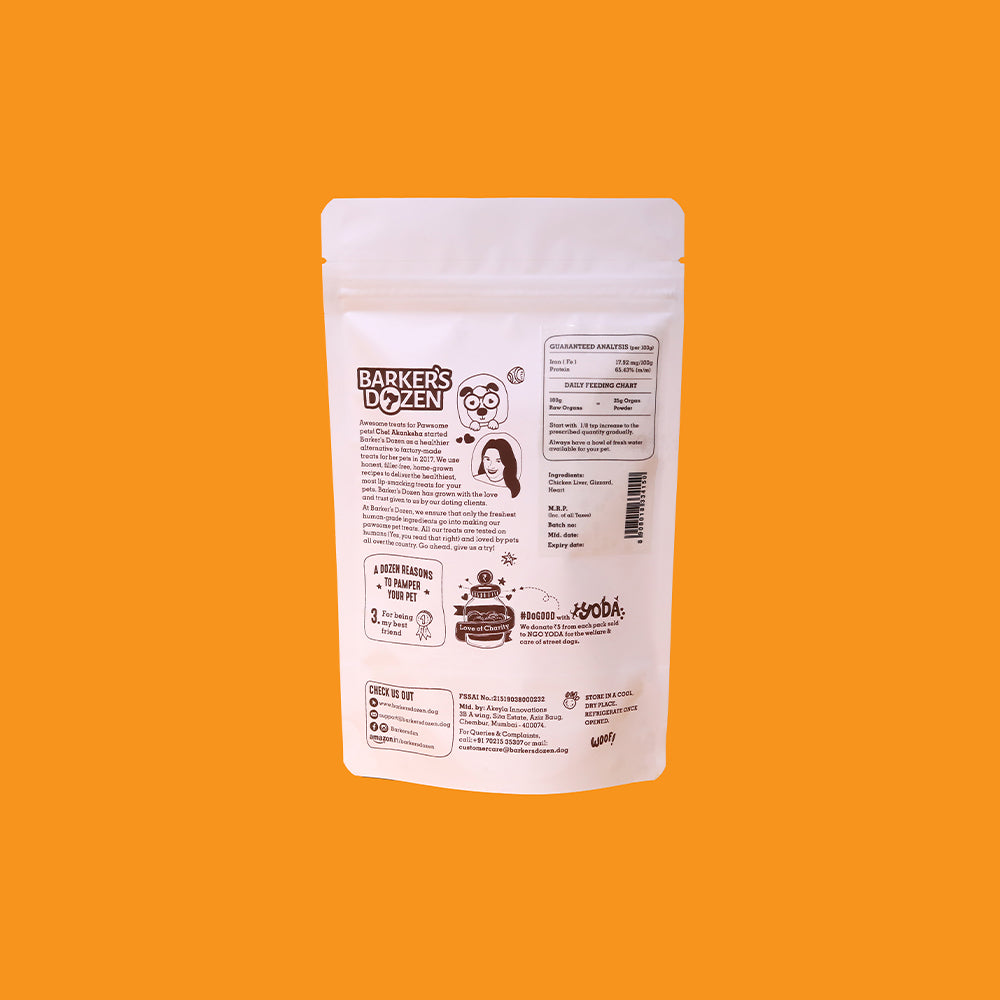 chicken organ powder meal topper for dogs back of pack