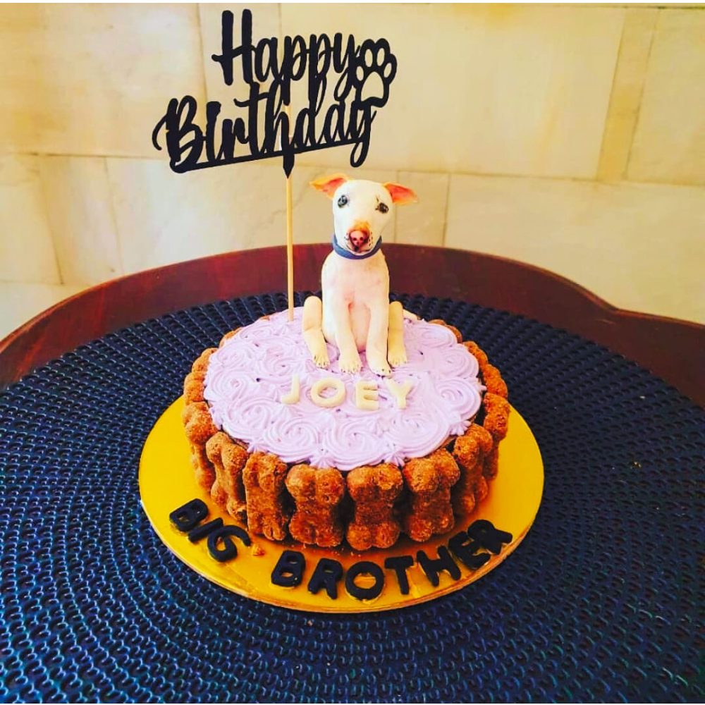 Custom dog birthday cake with hand moulded dog figurine by Barker's Dozen Pet Bakery