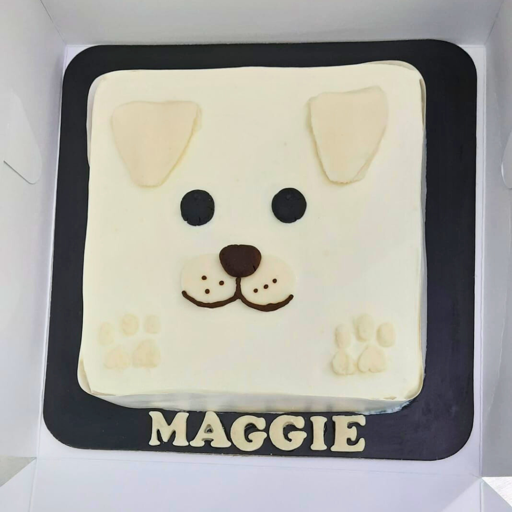 Square dog face cartoon cake for dogs made by Barker's Dozen Pet bakery