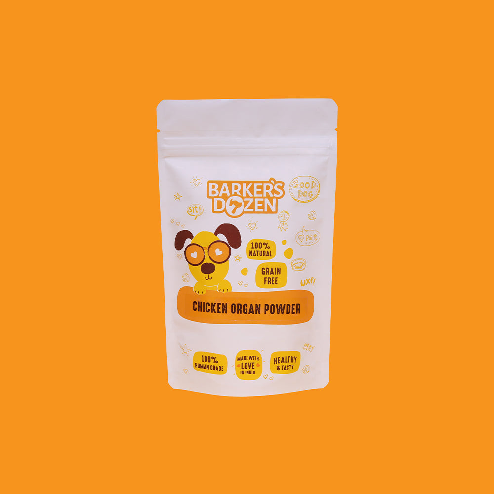 Barker's Dozen Chicken organ powder nutritional supplement for dogs. 100% natural ingredients