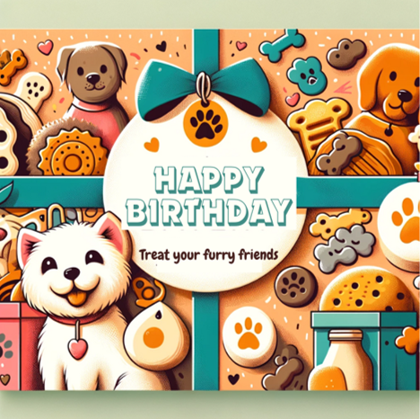 Happy birthday gift card for dogs by Barker's Dozen pet bakery
