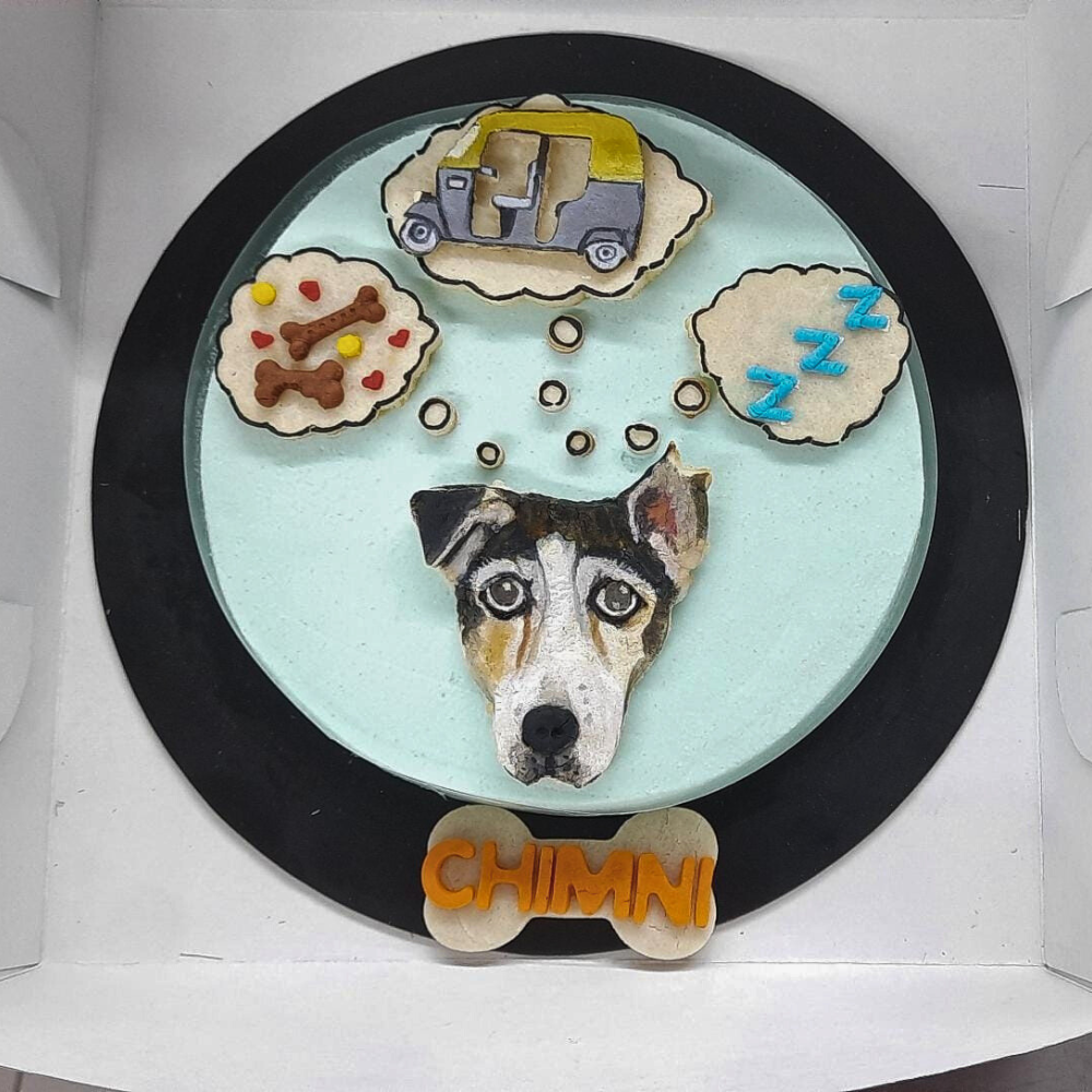 A dog's thoughts on a cake, made with meat and veggies and custom cookies for dogs